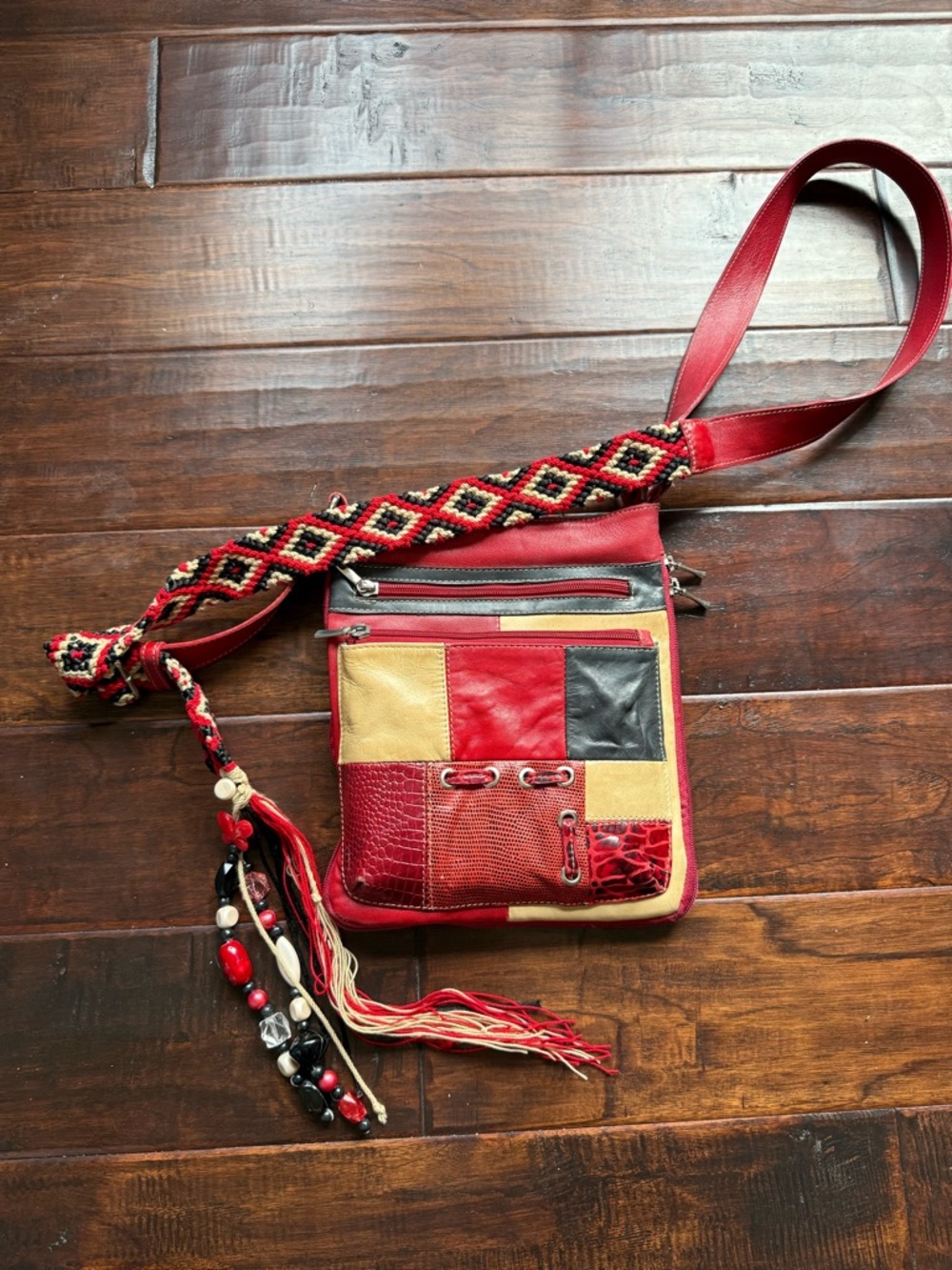 Y2K Patchwork Red Multi Crossbody Bag with Beaded Tassel